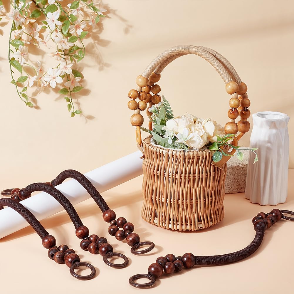 PH PandaHall 4pcs Wooden Beaded Purse Handles, Nylon Rope Purse Straps Replacement Bag Handles U-Shape Purse Handles for Bag Making Shoulder Bag Handbag DIY Crochet Bag, Coconut Brown, 18 Inch