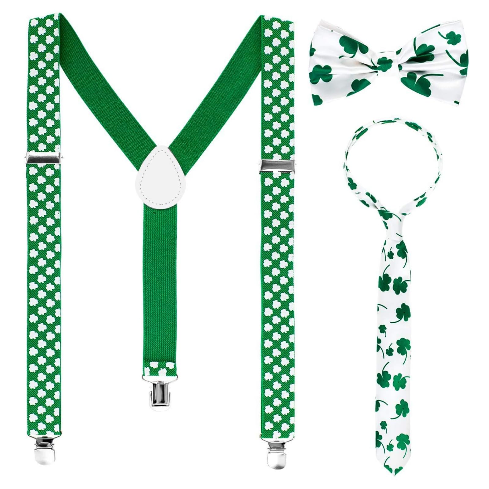 RSACCSKY 3 Pcs St. Patrick's Day Acessories Set Adjustable Suspenders with Clips,Shamrock Bowtie Green Tie for Men Party Costume (Green)