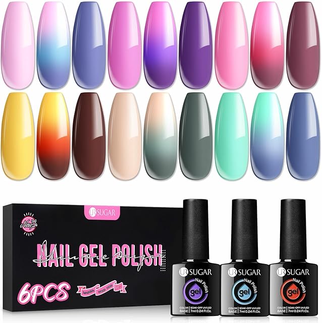 UR SUGAR Colour Changing Gel Nail Polish Set, 6 Colours Thermal Mood Changing Temperature Change Gel Polish Rainbow Colour Pink Purple Blue Soak Off Gel Polish Home DIY Manicure Gift Box For Women