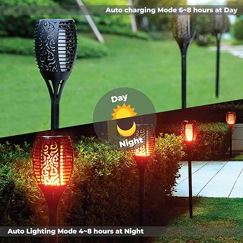 Miniatura 3 de XODO Paquete de 4 luces solares de jardín con llama parpadeante, impermeables, 100 luces LED solares de camino para patio, decoración de porche
