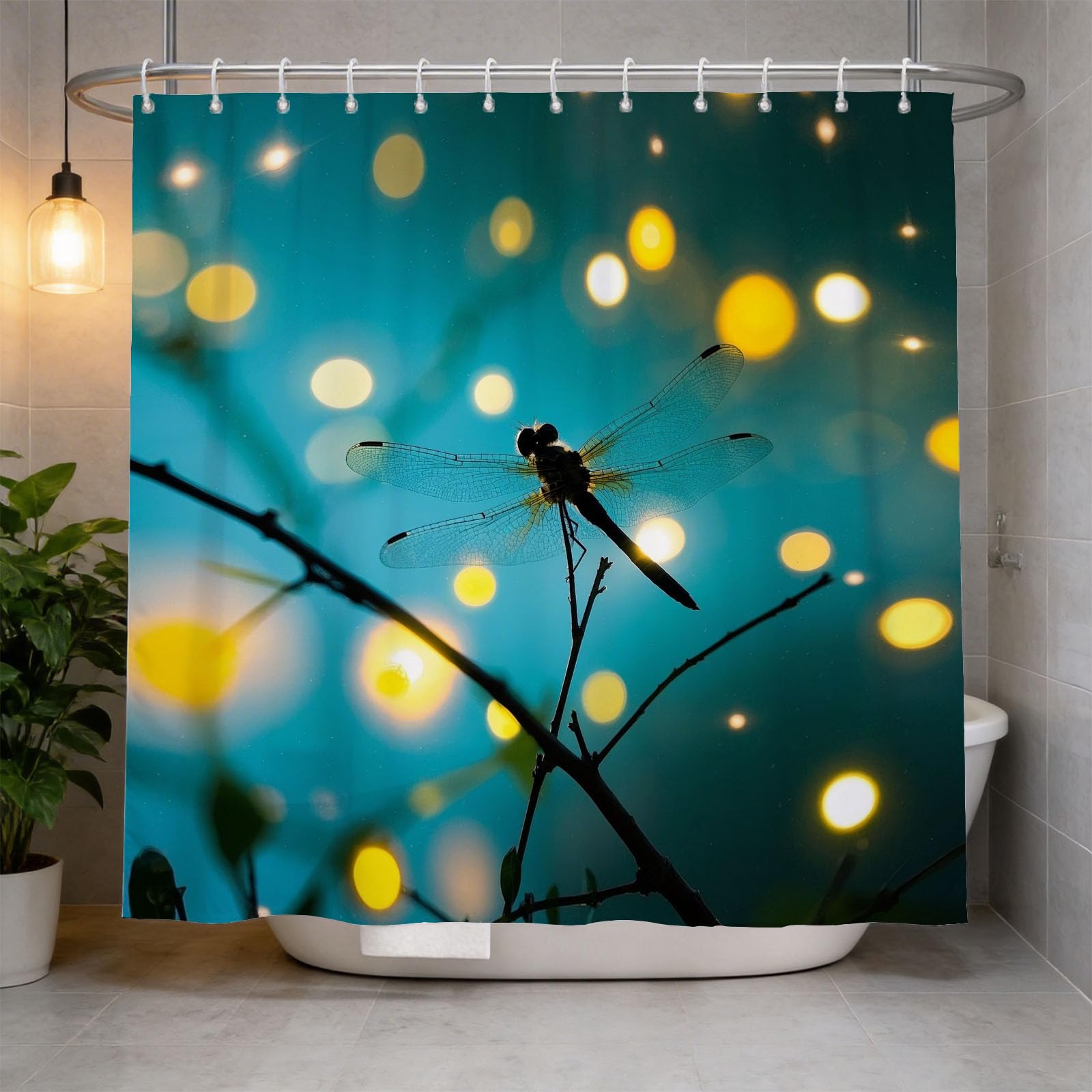 Hongduo 3D Dragonfly Shower Curtain for Stalls Bathtubs Glitter Bathroom Decor Shower Curtain Set Polyester Fabric Waterproof 180x180cm/71X71 Inch with Hooks