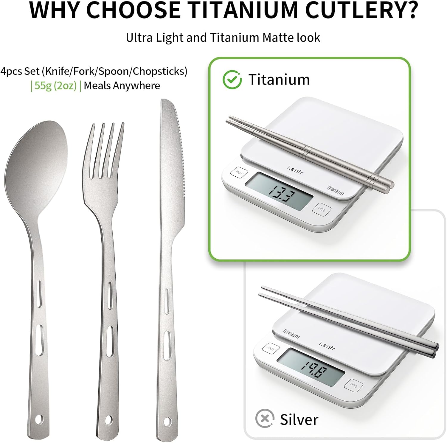 6Pcs Titanium Travel Cutlery Set, Knife Fork Spoon Chopsticks with Case Bag image 2