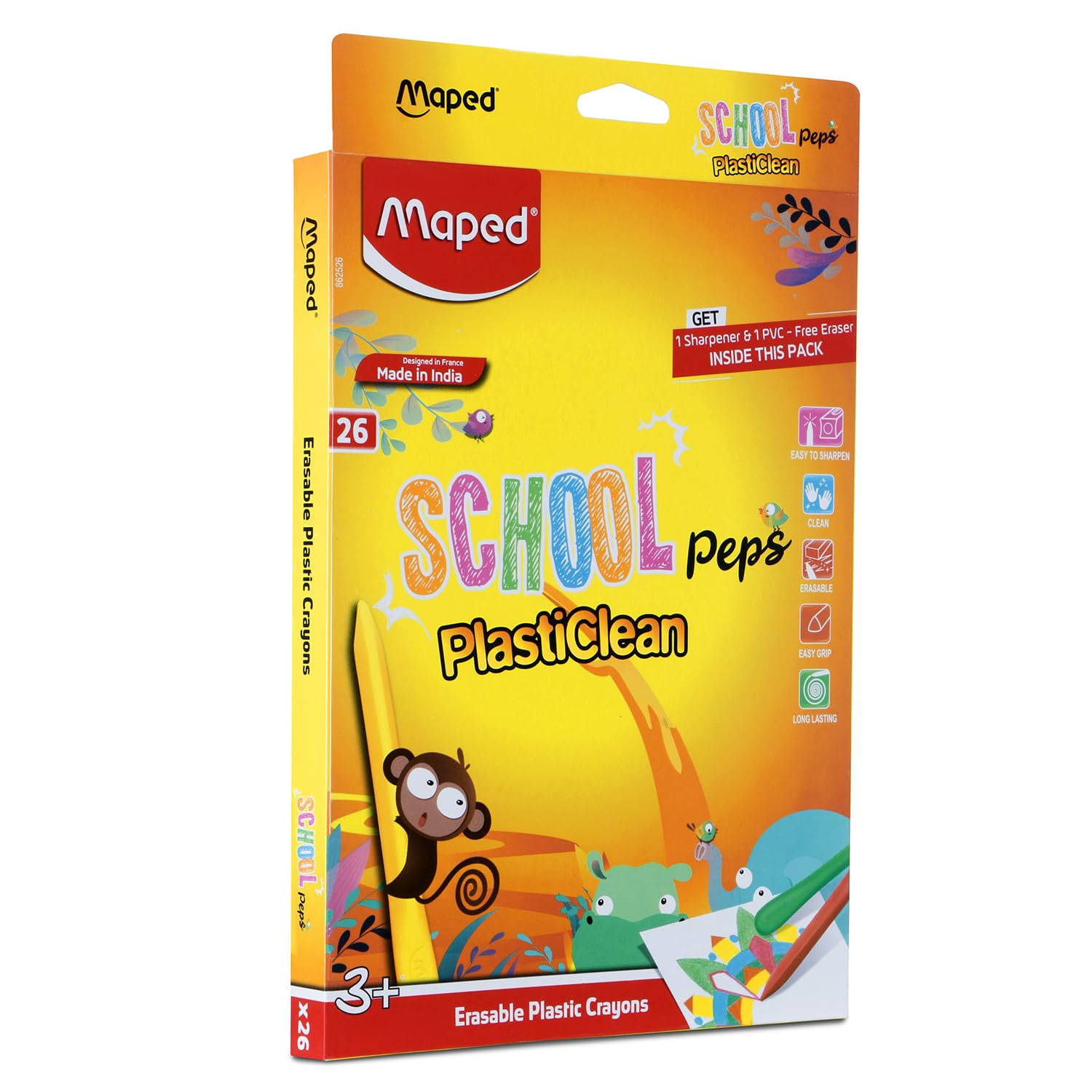 Maped Color'Peps PlastiClean Erasable Plastic Crayons Set - Pack of 26, Multicolor, 862526