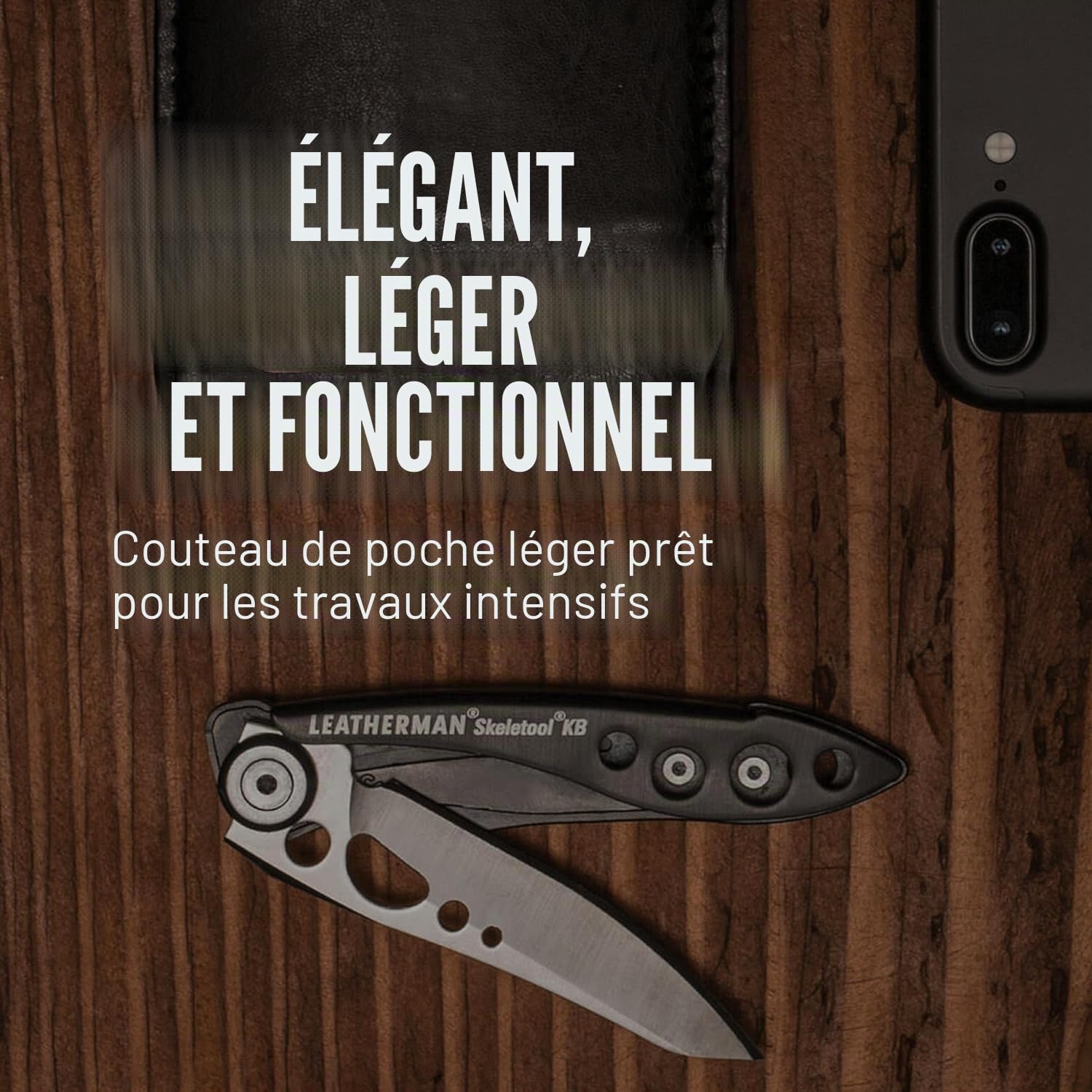 Leatherman Skeletool KB - Couteau de poche multifonctions avec lame en acier inox HC420 et décapsuleur intégré, compact et léger, fabriqué aux Etats-Unis, couleur noir