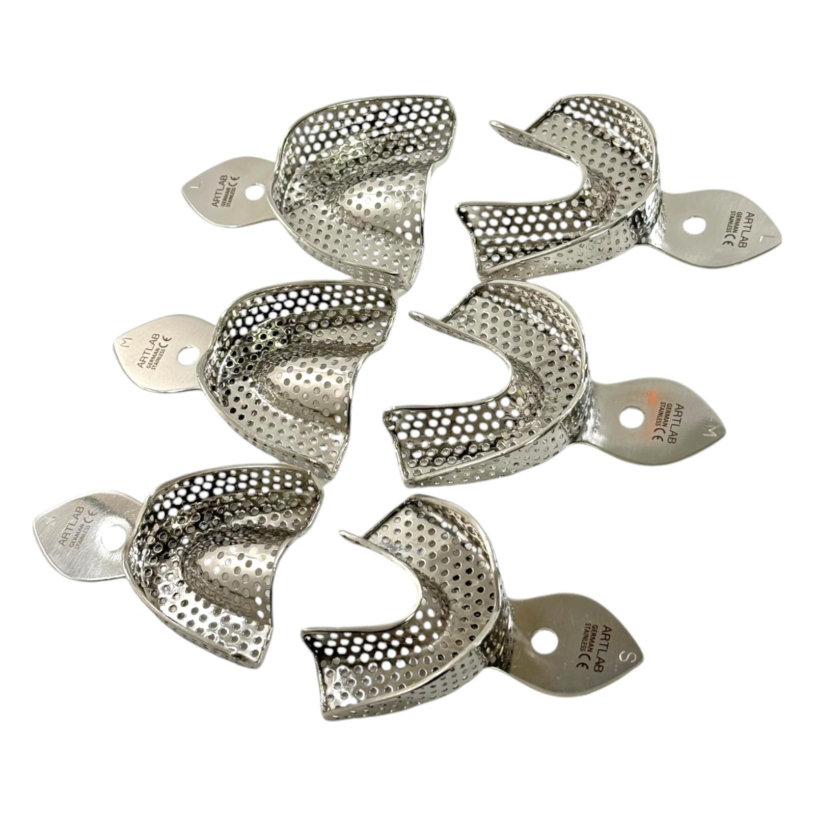 6pcs Kit - German Stainless Steel Autoclave Safe Denture Impression Trays, Perforated Design, Upper and Lower Pairs - S, M, L