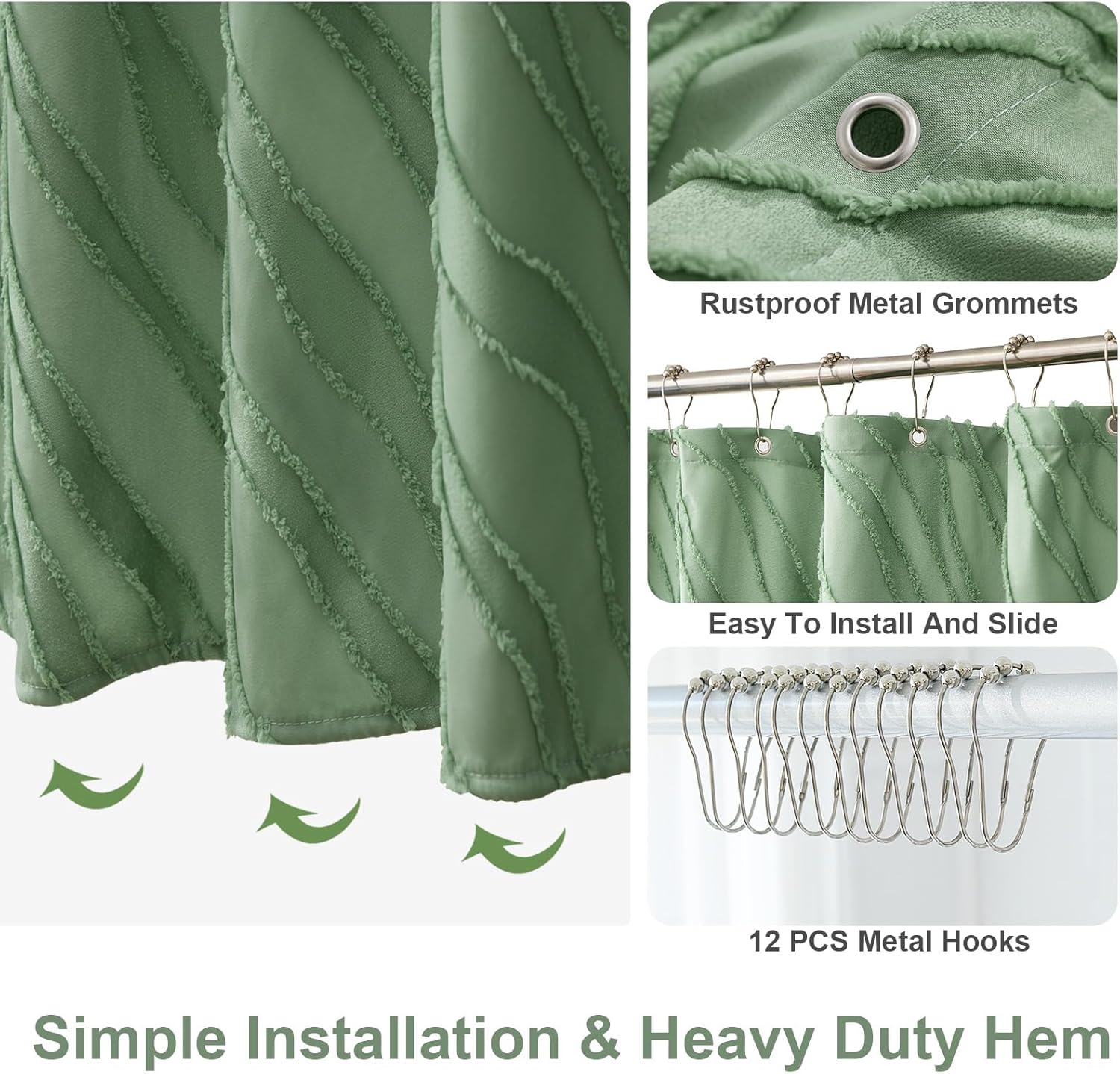 ORTIGIA Boho Green Shower Curtain Tufted Textured Fabric Cloth,Sage Green Modern Farmhouse Minimalist Shabby Chic Bathroom Bath Shower Curtain with Metal Hooks Extra Long 72x84 Inch