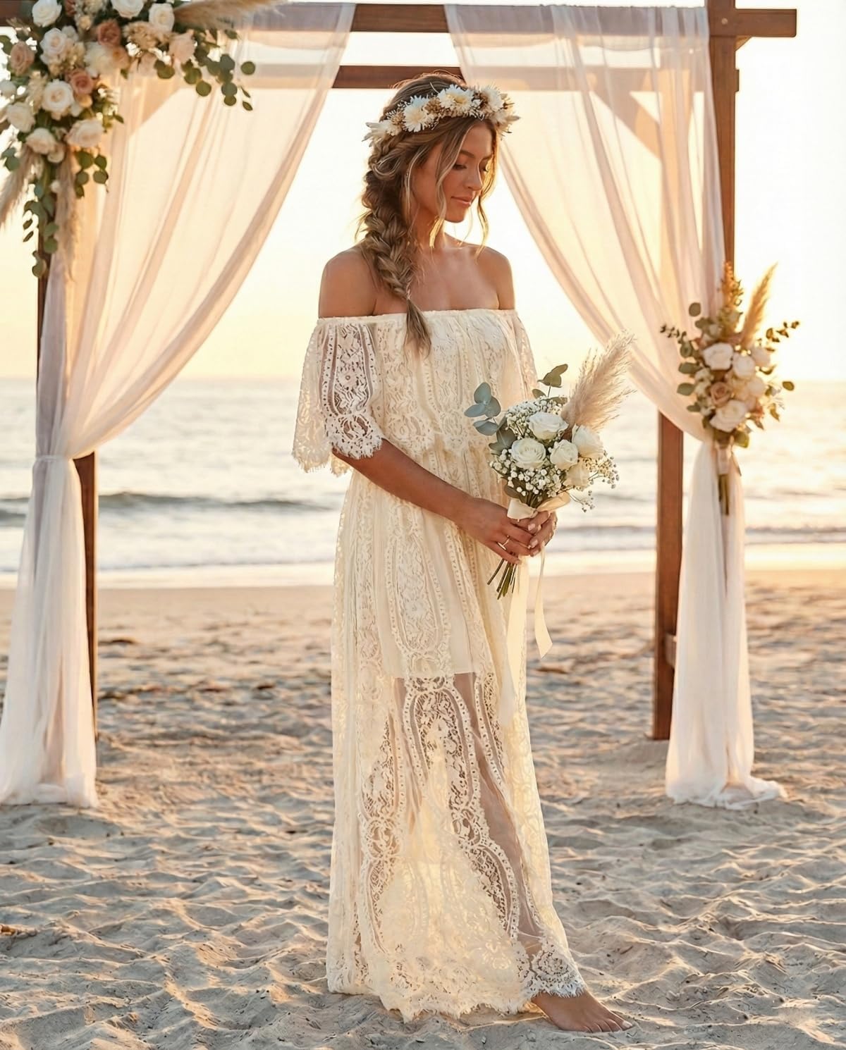 Holipick Women's Off Shoulder Lace Maxi Dress Boho Wedding Guest Bridesmaid Beach Formal Long Dress - Image 2