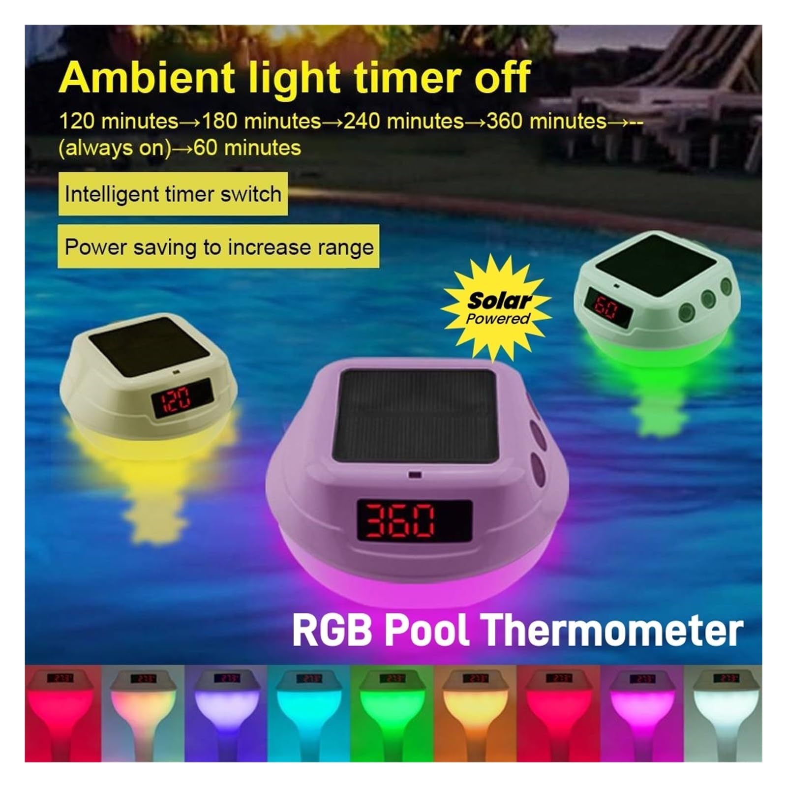 Termometro Digitale Solare Wireless for Piscina, misuratore di Temperatura for Il Nuoto con luci RGB dinamiche, Timer e Schermo LED.(Red with Receiver)