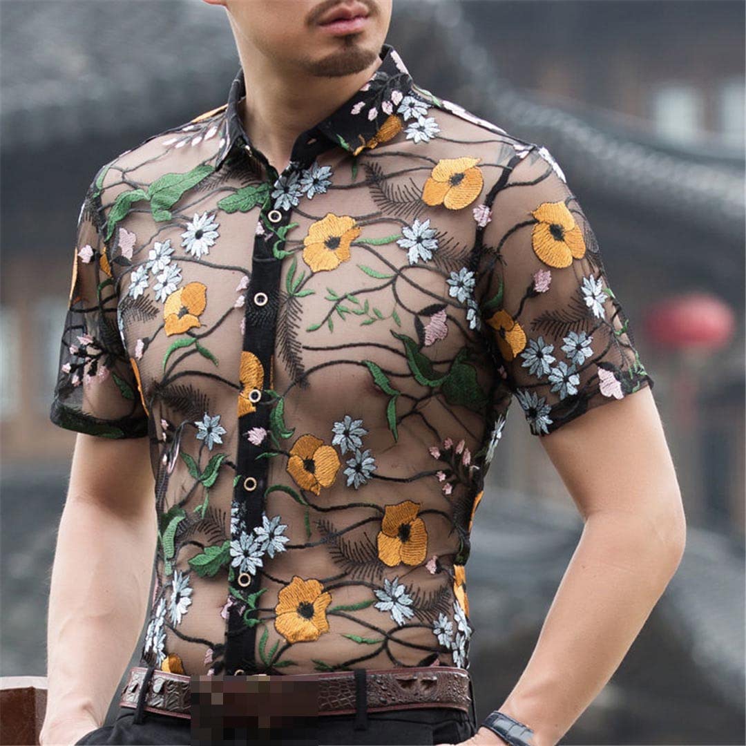 Deepsko Herren Transparent Hemd Sommer Hohlnetz Blumen Stickerei Spitze Kurzarm Oberteil