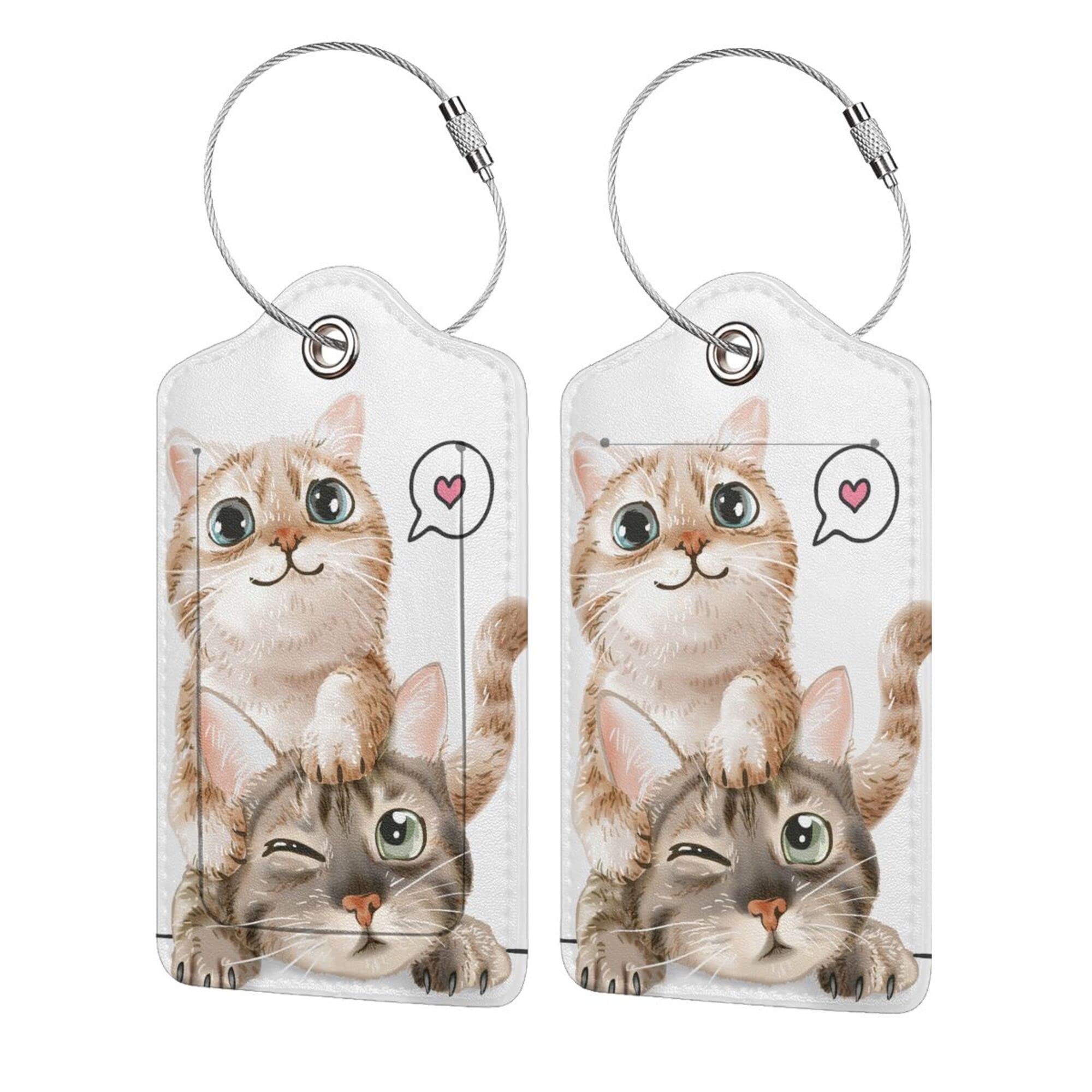 GAMSJM 2 Pack Luggage Tags for Suitcases, Two Cats Luggage Tag, Leather Stainless Steel Loop Label Tag for Women Girl Travel Bag Suitcase