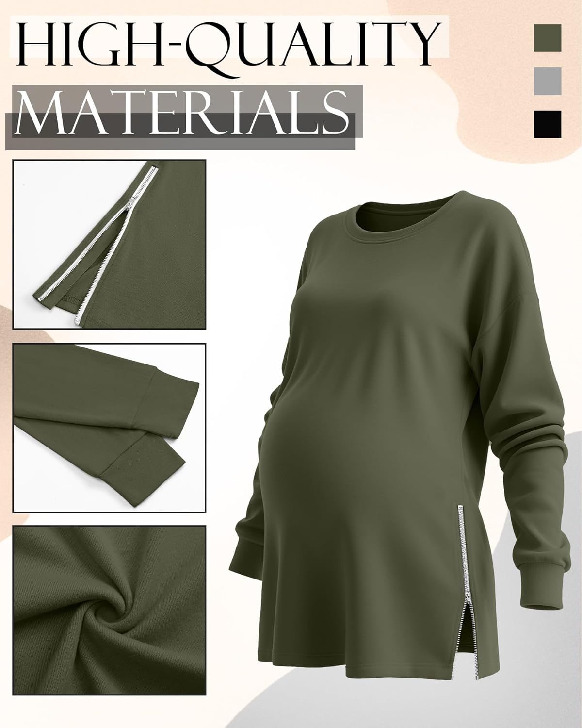 3 Pack Women's Maternity Shirts Long Sleeve T-Shirts Cotton Zipper Split Side Tops Casual Loose Pregnancy Clothes - Image 5