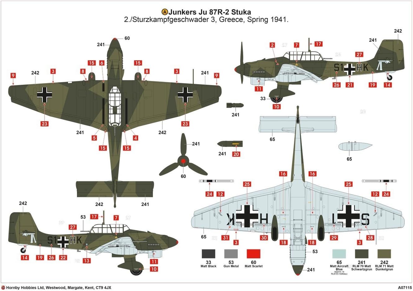 Airfix Junkers Ju87R-2/B-2 Stuka 1:48 WWII Military Aviation Plastic Model Kit A07115, Red