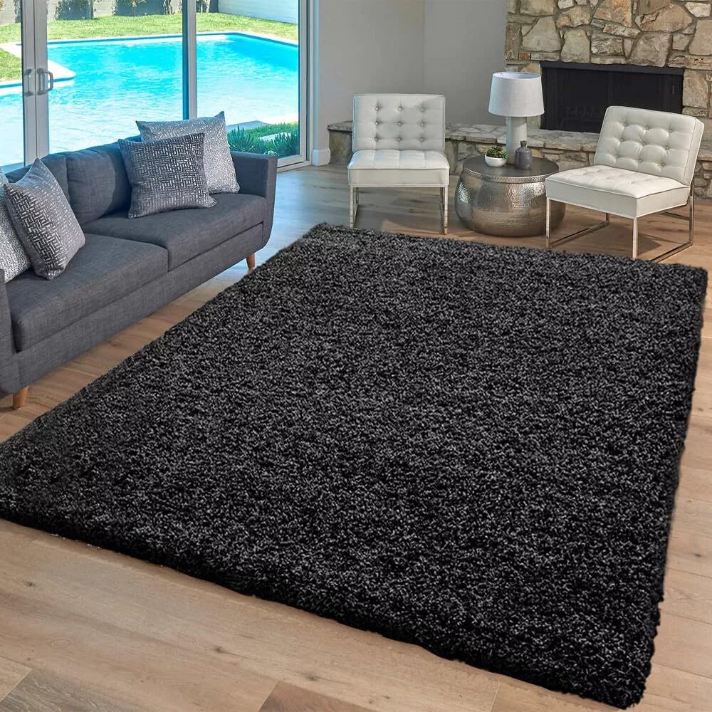 Inspire Me Verona Rug - Rubber Backed Barrier Shaggy Rug for Indoor/Outdoor Use - Non Slip Large Area Rugs for Home, Office, Kitchen, Hallway, Porch (Black, 200x290)