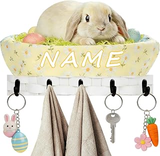 Personalization Wood Easter Bunny Theme Wall Hooks Custom Easter Egg Bunny Design Decor with Key Holder Entrance Cave Living Room Children's Room Decorative Keyhook (Style 2)
