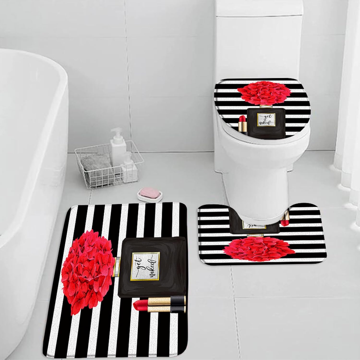3 Pieces Set Fashion Girl Bath Mat Pink Flower Perfume Black White Stripes Lady Lipstick Charming Modern Woman Bathroom Rugs Toilet Lid Cover Pedestal Rug U-Shaped