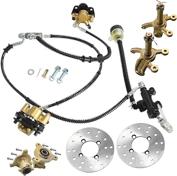 Go Kart 3 Stud Front Wheel Rim Hub Steering Spindle Knuckle w/Foot Hydraulic Brake Caliper Master Cylinder Assembly For DIY ATV Buggy Golf Cart Quad 4 Wheelers Tricycle Drift Trike