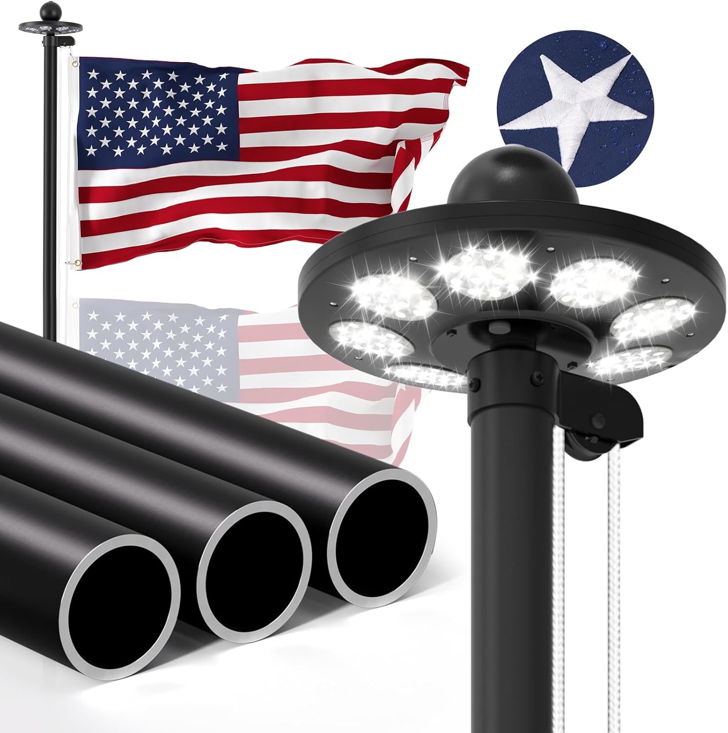 11 Gauge Heavy Duty Flag Pole Kit with 136 LED Ultra Bright Solar Light, 2.3 mm Thick Flagpole 25FT for Outside House in Ground, 300D Thickened USA Flag, 120 MPH Flagpole Kit, Black