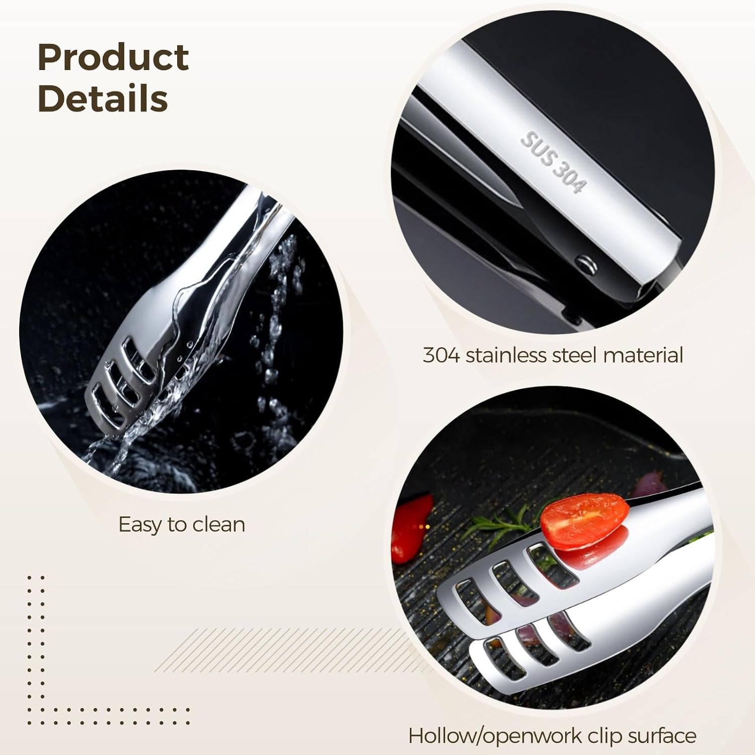 4 Pcs Serving Tongs For Kitchen, Stainless Steel 10.6 In Tongs With Hollow Head, Useful For Buffet & Party