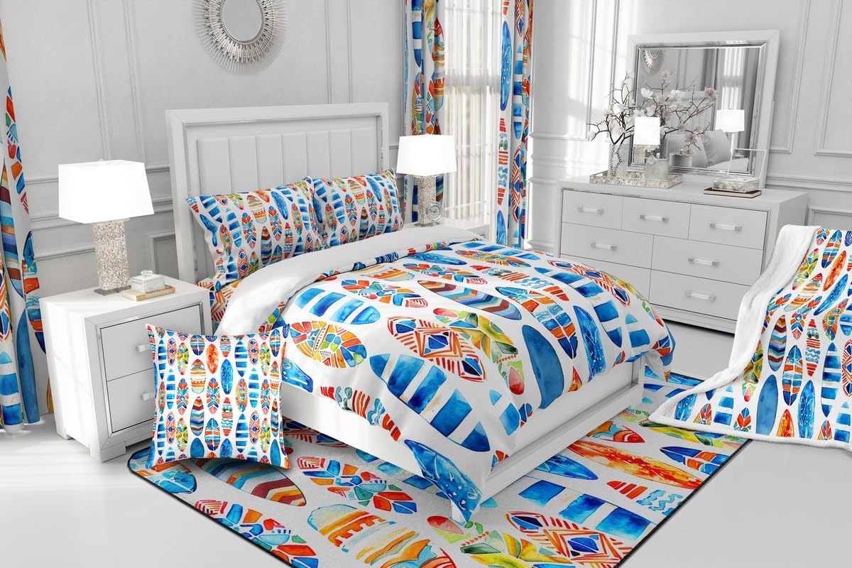 Colorful Surfboard Bedding Set Sea Surfing Comforter Cover Set for Kids Teens Women Room Decor Beach Vacation Duvet Cover Breathable Watercolor Surfboard Bedspread Cover Full Size(No Comforter)