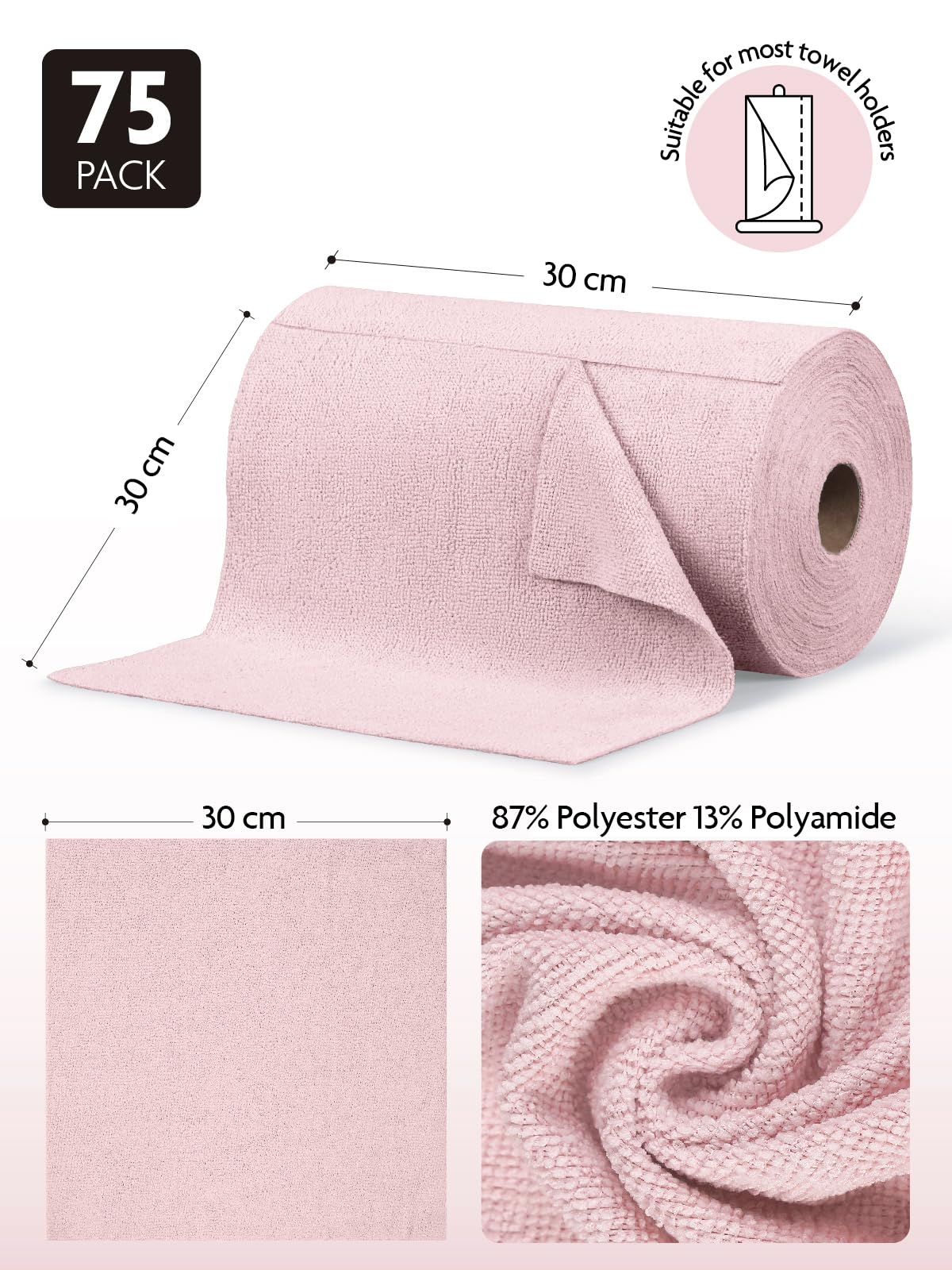 Rouleau Chiffons Microfibre 20 Pièces - Déchirables - Réutilisables 80 Fois - 25x25cm - Rose & Gris