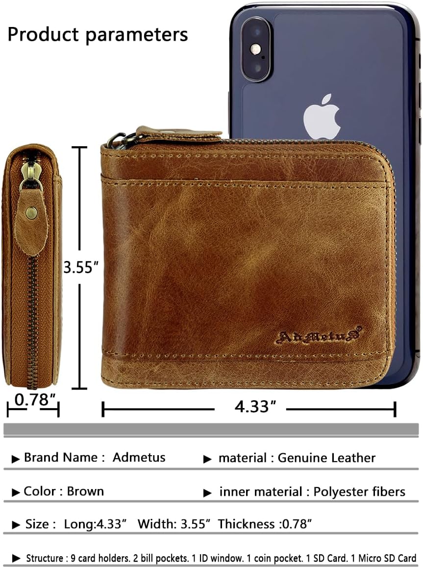 Admetus Mens RFID Blocking Wallets Zipper Leather Wallet for Men Bifold RFID Card Holder - Image 5