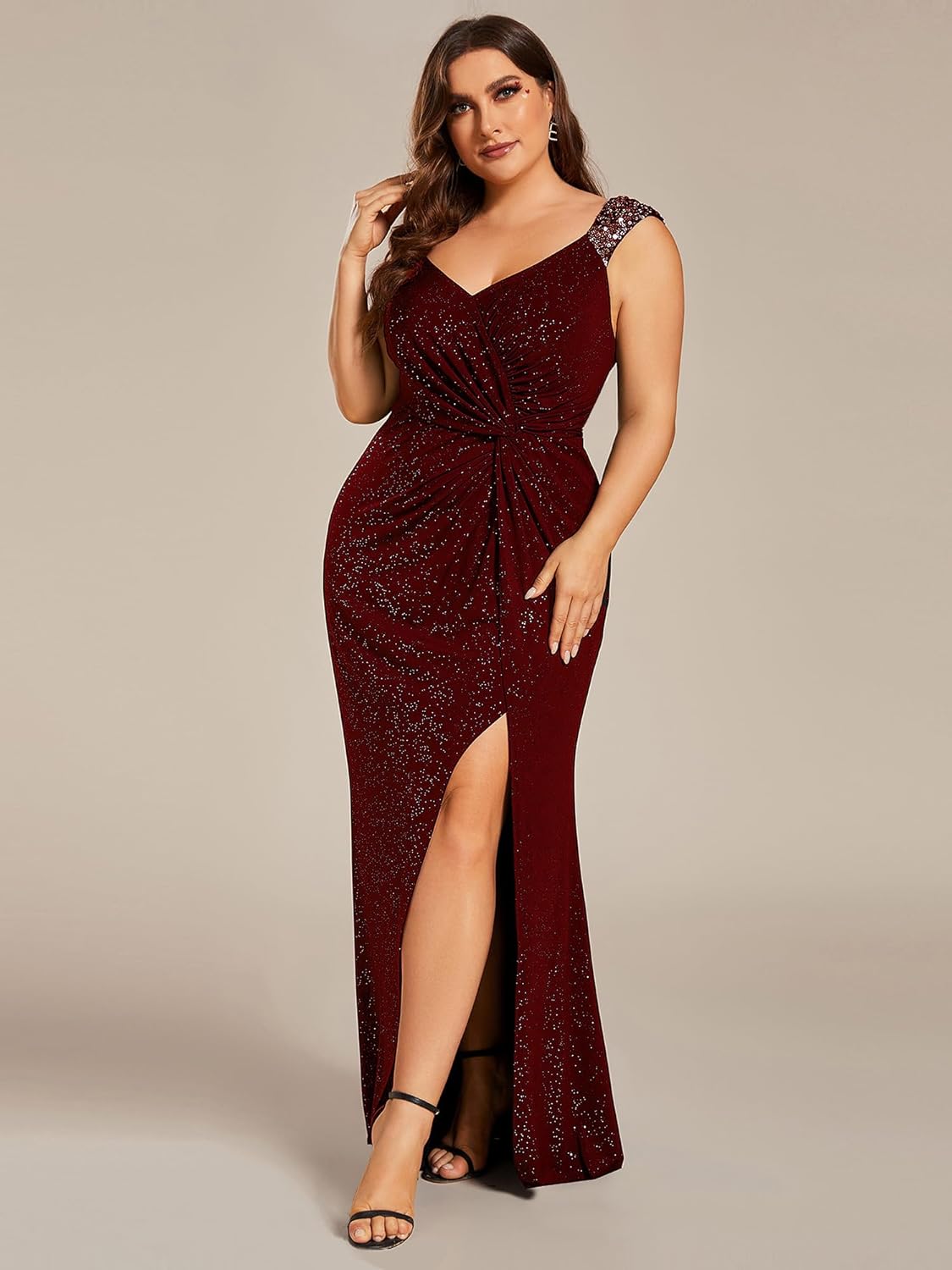 Ever-Pretty V Neck Glitter Plus Size Prom Dress Sleeveless Slit Bodycon Formal Dresses for Women Ball Gowns - Image 3