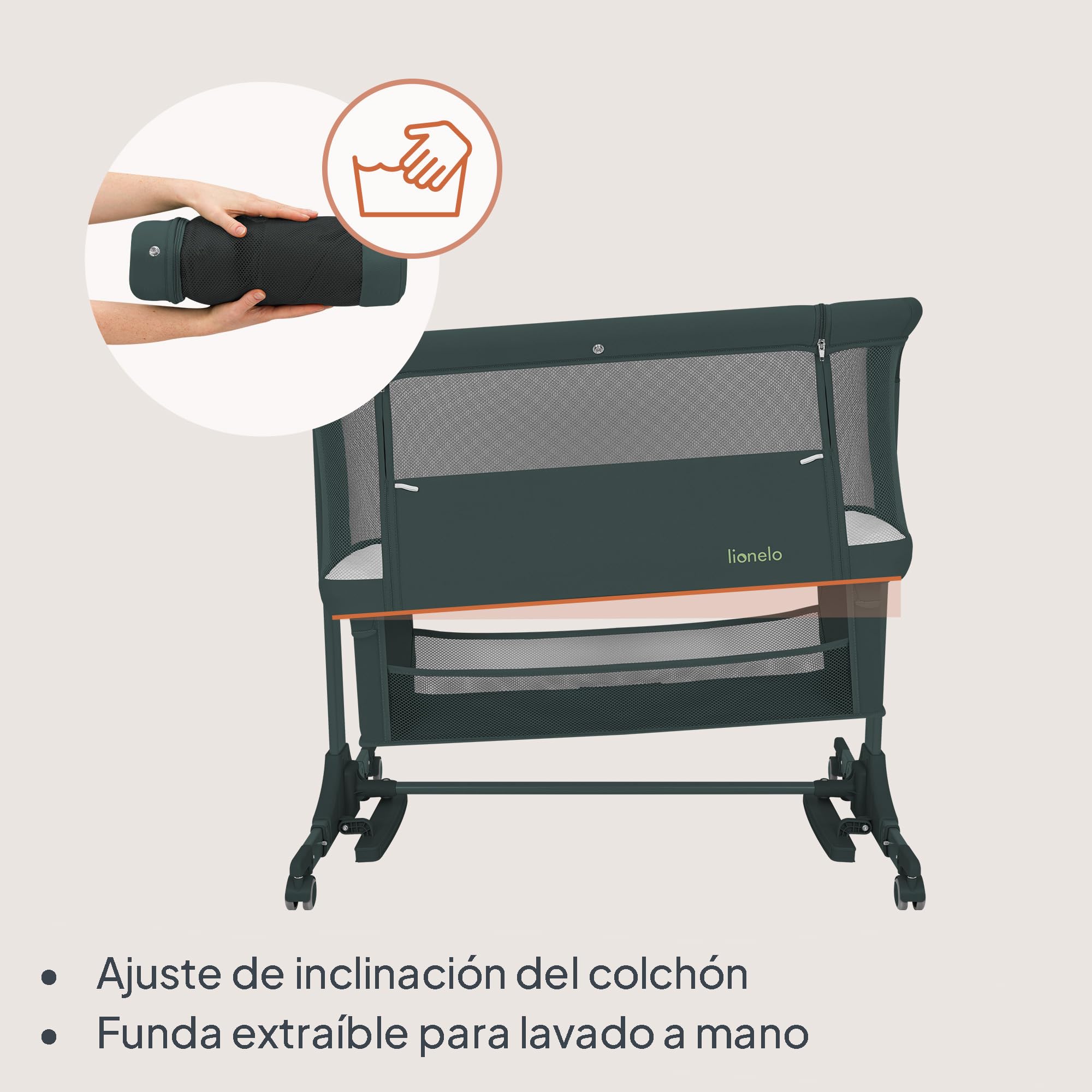 lionelo Jodie Cuna 3 en 1 hasta 9 kg, Cuna de colecho, Cama Mecedora, Ajuste de Altura e inclinación del colchón, 4 Ruedas con Freno, Colchón Ergonómico, Malla Transpirable, Bolsa, Mosquitera