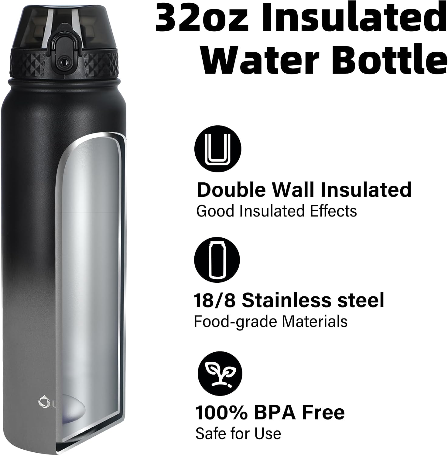 Oldley Insulated Water Bottle 32oz Water Bottles with Straw, Stainless Steel Water Bottle with 3 Lids, Double Wall Vacuum Bottles for Adult Kids, Sports Bottles for School Travel,Black Gray