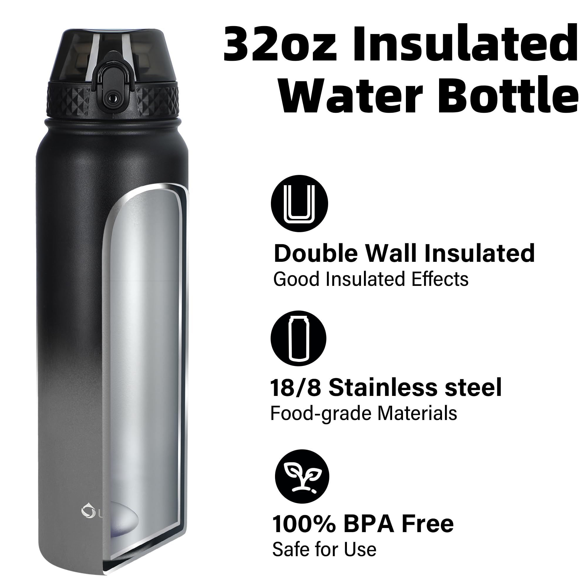 OLDLEY Stainless Steel Water Bottle with Straw 1L Vaccum Insulated Large Drink Flask Metal Water Bottles 1 Litre Leakproof Keep Drinks Hot Cold for Sports Gym with Different Lids(Black Grey - Image 4