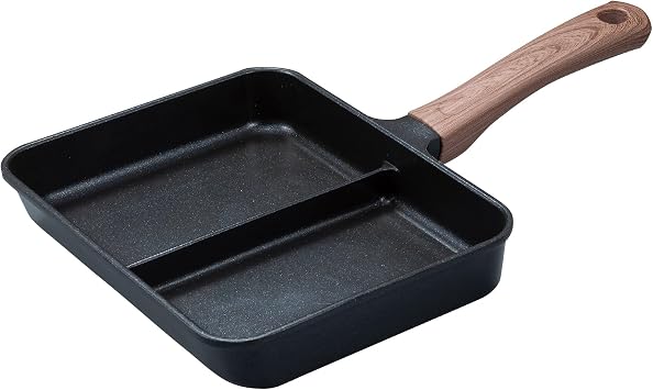 CB Japan Frying Pan, 2-Section, Simultaneous Cooking, Black Marble, Induction Compatible, Fluoropolymer Coating, Wood-Grain Handle, Fry Two Items at Once, MC copan