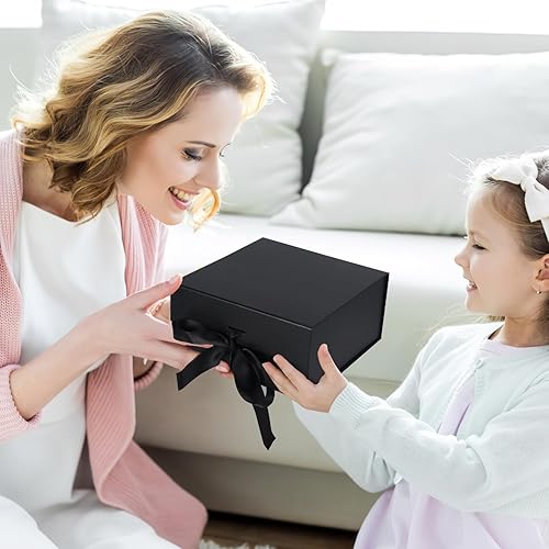 Miniatura 5 de Giftgarden Paquete de 4 cajas de regalo negras de 8 x 8 x 4 pulgadas con tapas magnéticas de cinta, caja cuadrada plegable para regalo, Navidad,