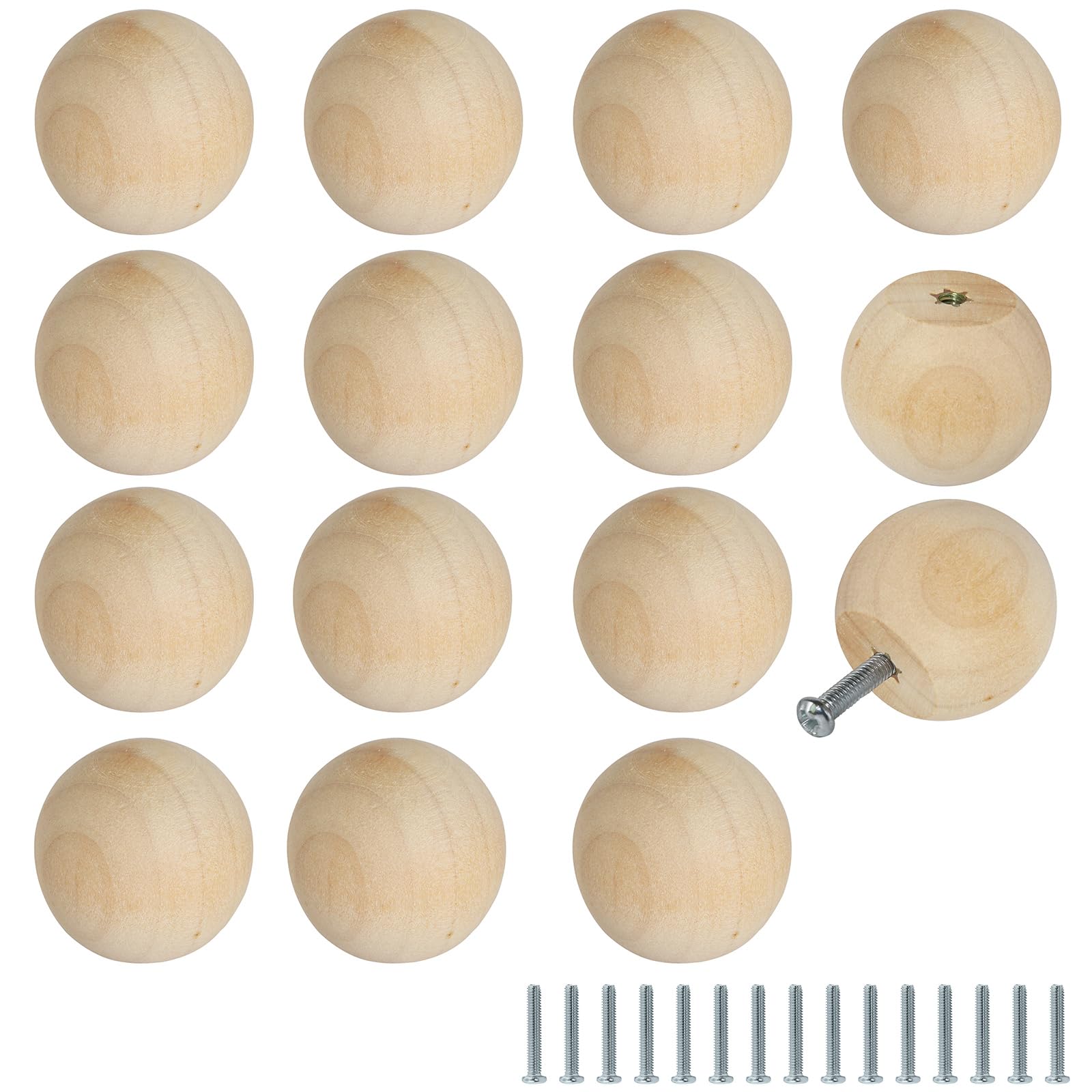 FoDau770 15pcs Unfinished Wood Knobs, Round Ball Cabinet Knobs Vintage Drawer Pulls, Natural Wooden Cabinet Hardware for Furniture Drawer Dresser