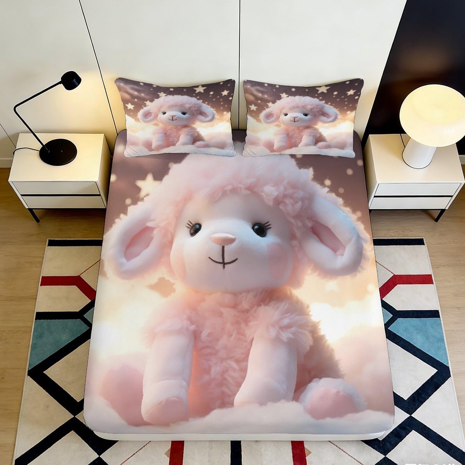 3D Printed Pink Lamb Fitted Sheet Microfiber Soft Anti-Slip Pastel Sheep Mattress Cover Bedroom Dorm Decor 90x200x25cm