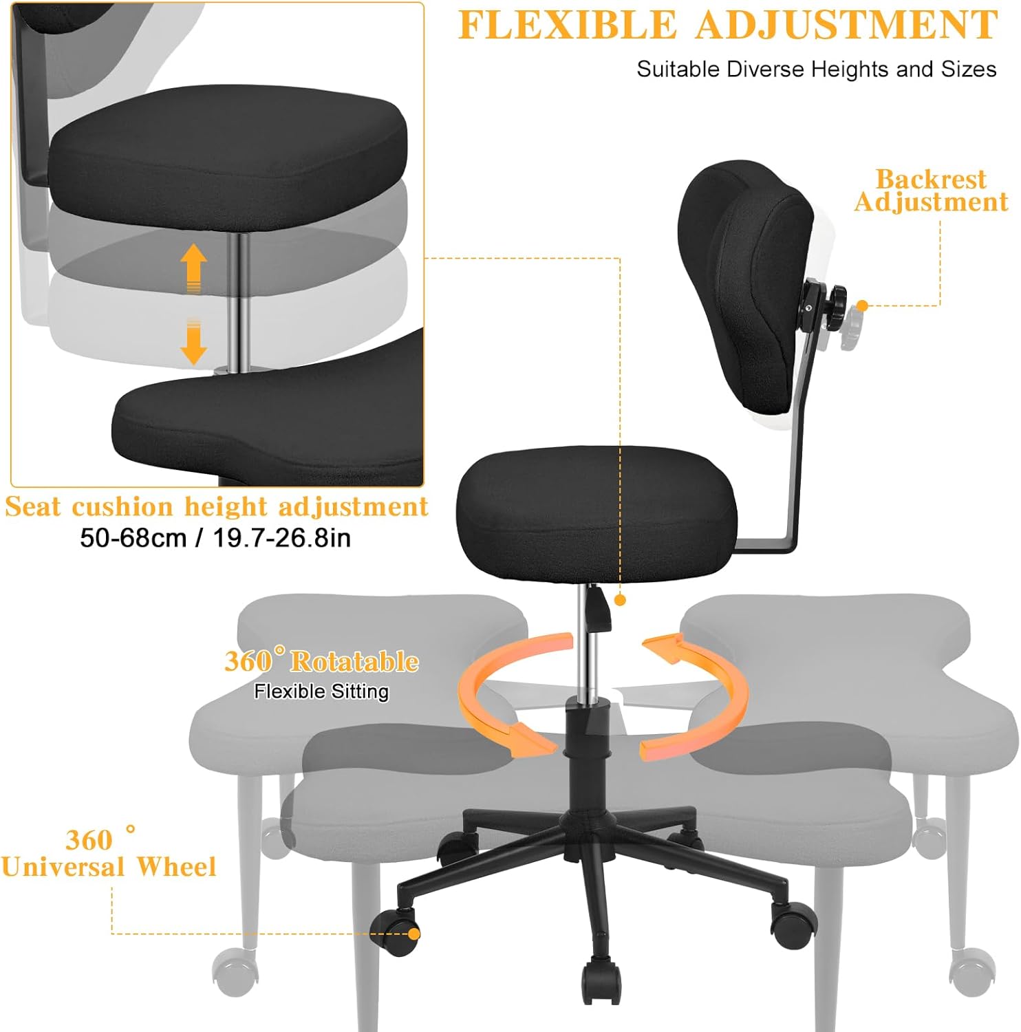 Ergonomic Cross Legged Chair,ADHD Chair with Backrest & Wheels, Criss Cross Seat with Lumbar Support, Kneeling Chairs for Meditation Yoga Home Office, Adjustable Height (Black)