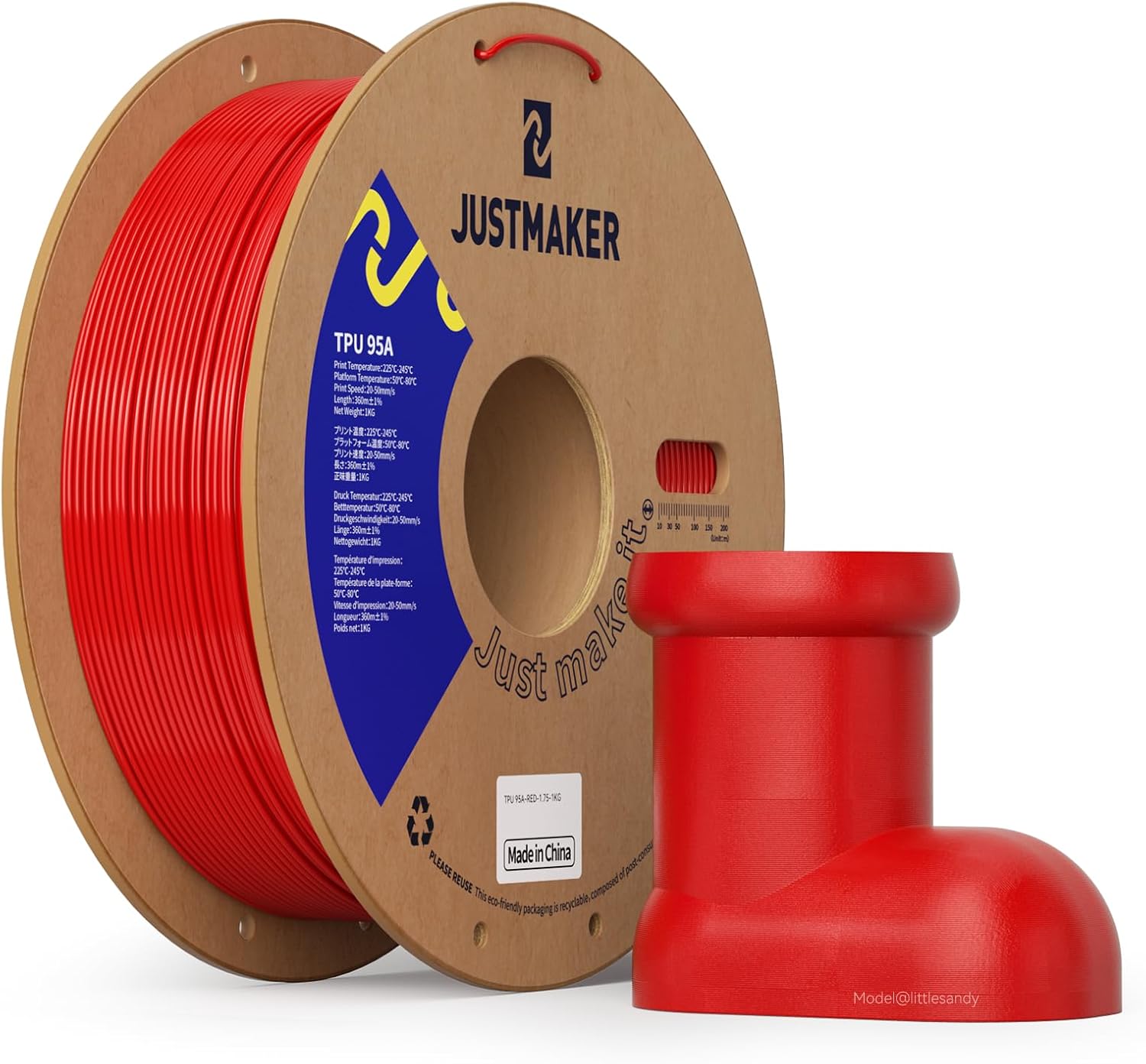 TPU 95A 3D Printer Filament, Suitable Resilience, Upgrade Cardboard Spool, 1kg, Dimensional Accuracy +/-0.05mm, 1.75mm, Red
