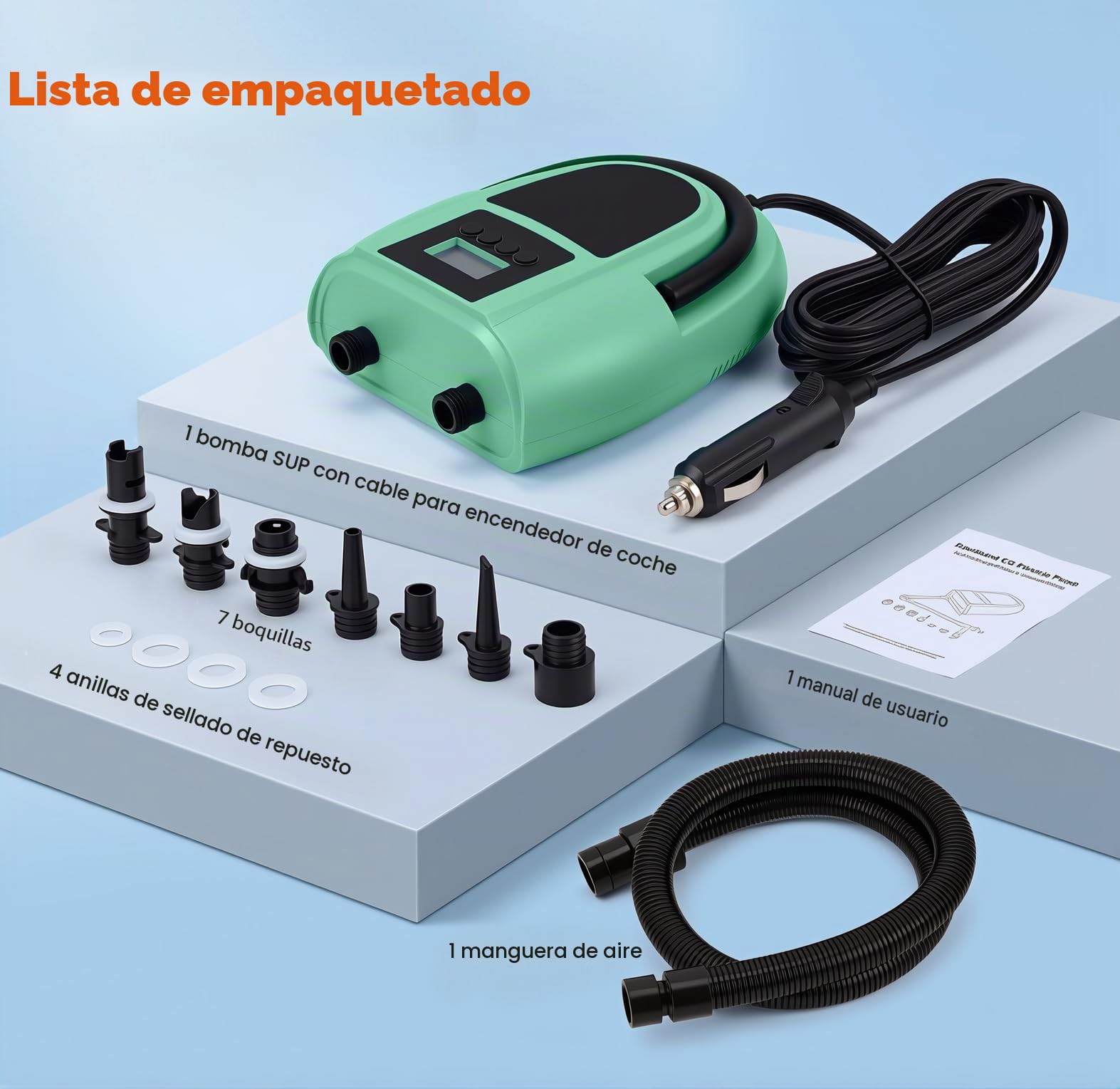 Bomba Eléctrica para Sup, Bomba de 12V con Apagado Automático, Presión Ajustable de 20PSI y Pantalla Digital, Bomba de Aire Eléctrica con 7 Boquillas para Botes, Colchones