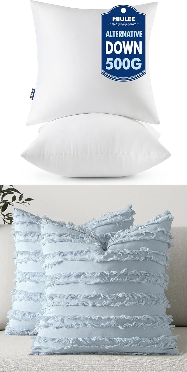MIULEE 18x18 Inch Pack of 2 Throw Pillow Inserts 100% Virgin Fiber Filling Bundle Light Blue Striped Jacquard Throw Pillow Covers Boho Decorative for Livingroom Bedroom Sofa Couch Bed