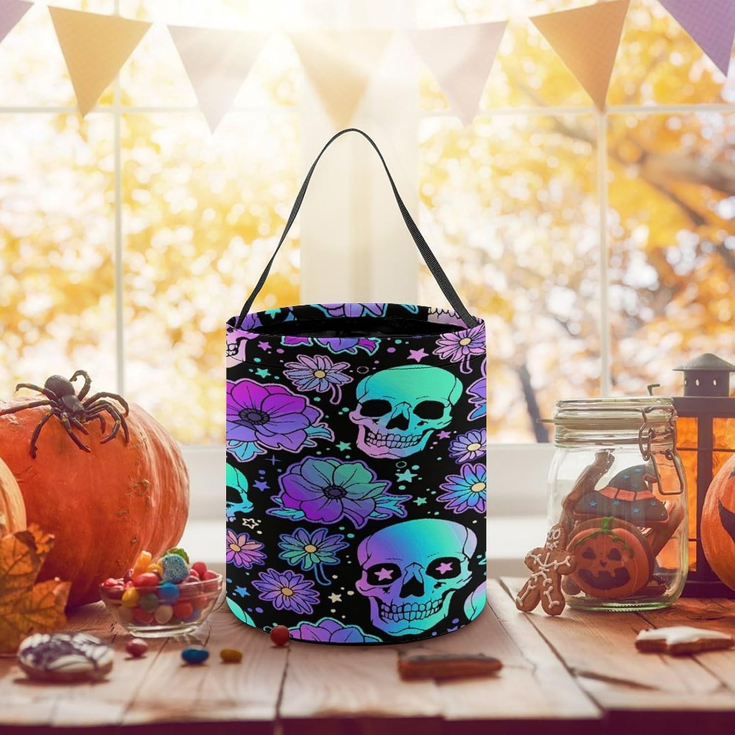 LZQPOEAS Skull Flower Halloween Trick Or Treat Bucket image 5