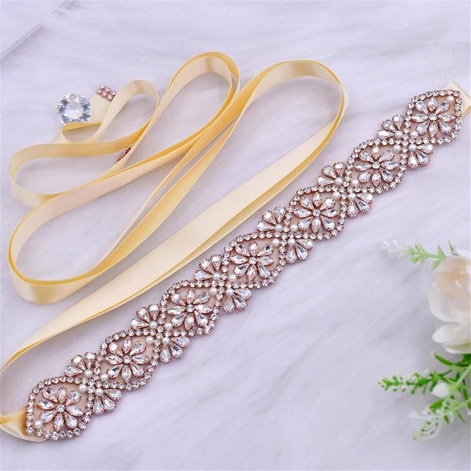 Women’S Bridal Wedding Dress Belt Handmade Luxury Sash Accessories With Rose Gold Rhinestone Waistband