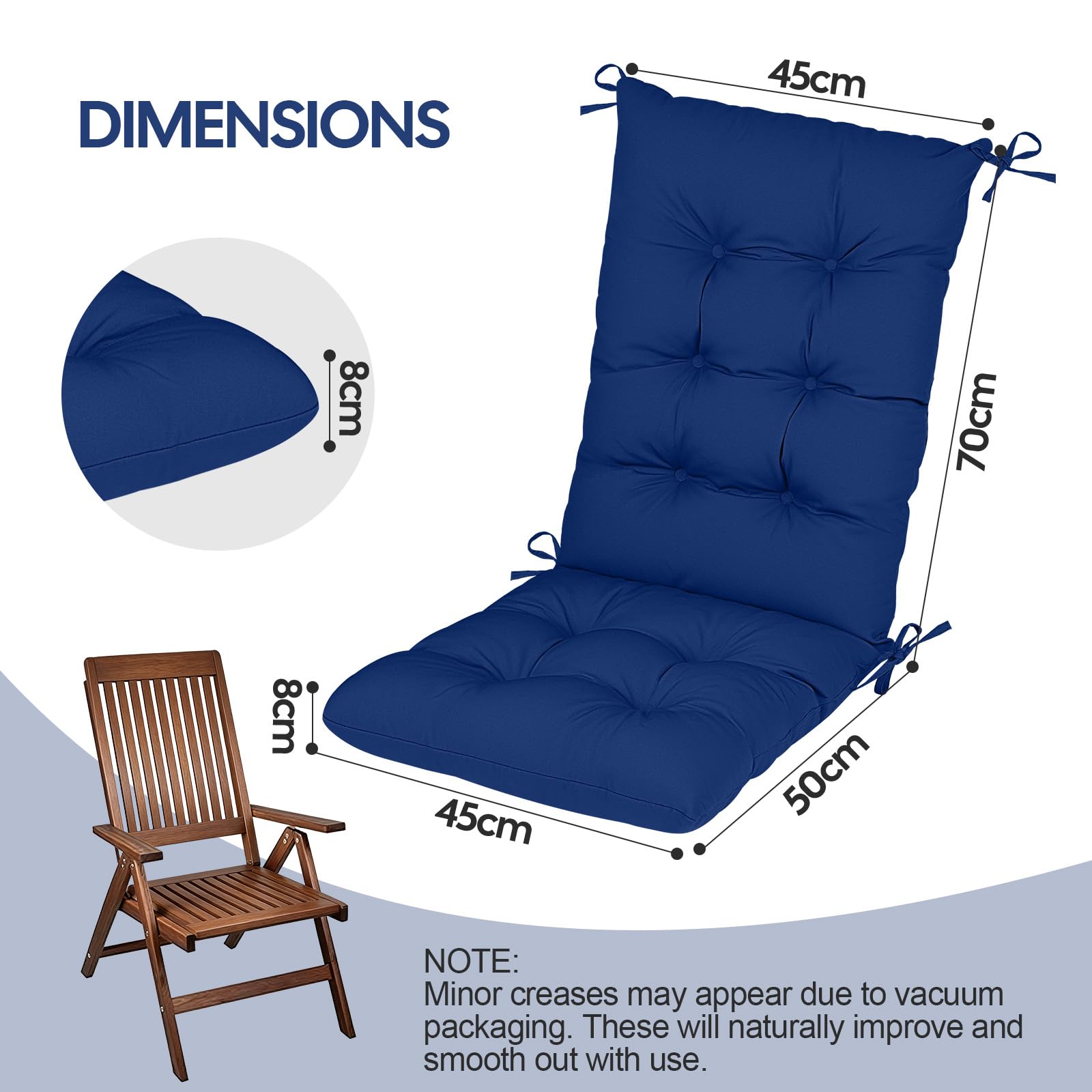 RIMEPATIO - Cuscino per sedia da esterno con schienale alto, 120 x 45 cm, spessore 8 cm, trapuntato, impermeabile, in rattan, con legacci, per sedie da giardino e patio, sedie a sdraio, blu