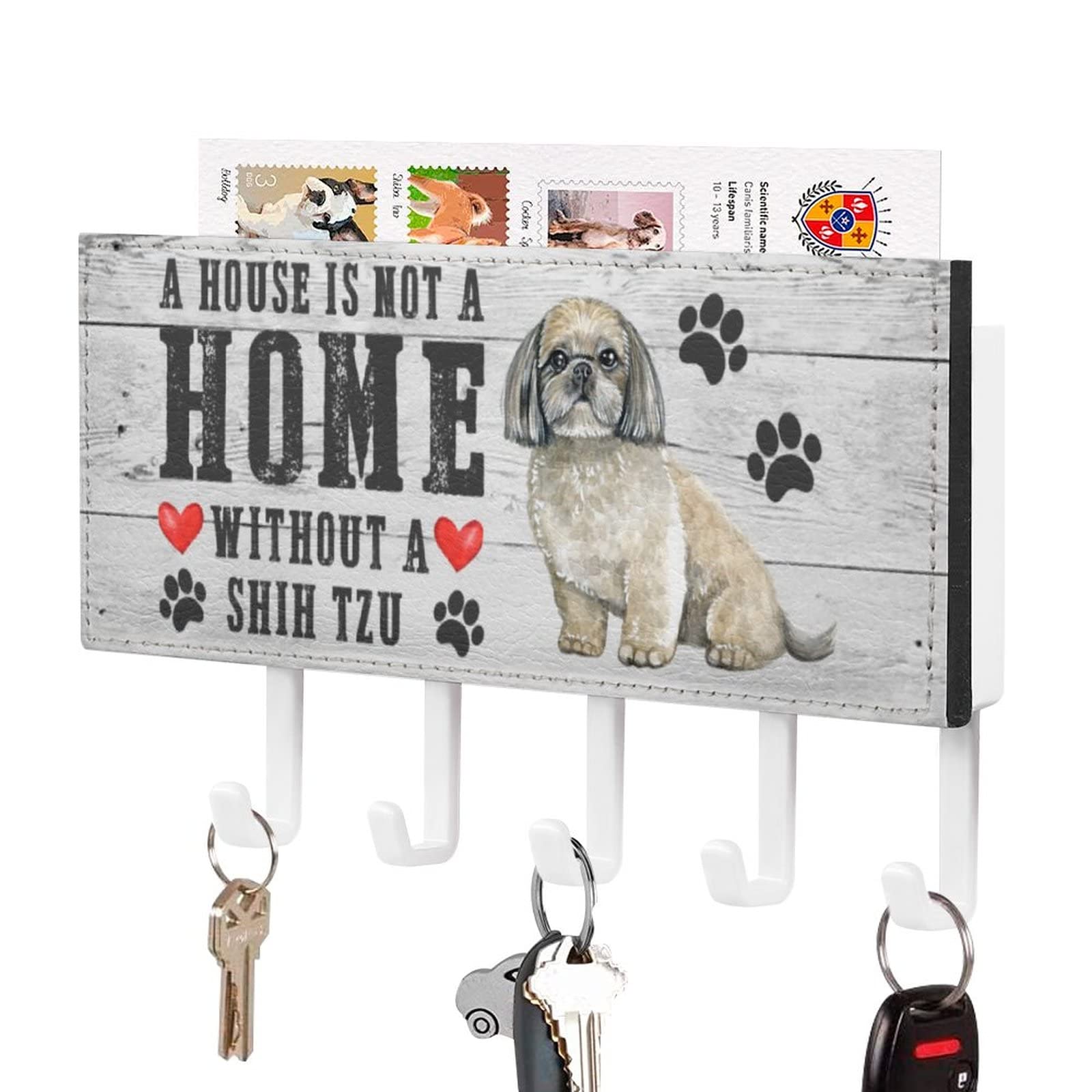 Ftznq Style-5 A House Is Not A Home Without A Dog Shih Tzu Key Holder Wall Mount Key Rack Pet Rules Self Adhesive Key Organizer Rack Rustic Mail Sorter Organizer Decoration For Entryway Hallway Office 7X4 Inch