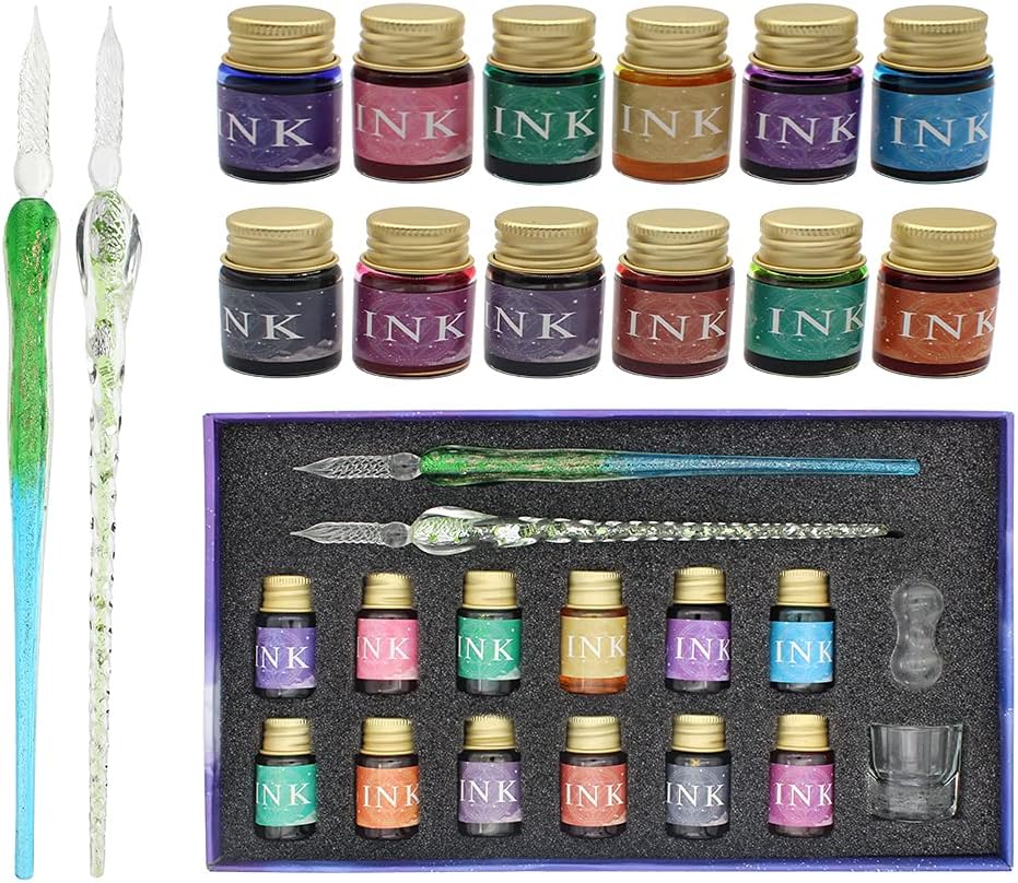 XIAOYU Glass Dip Pen Set, 16 Pieces Calligraphy Pen Set Includes 2 Crystal Glass Pens, 12 Colors Ink, Cleaning Cup, Pen Holder, Green