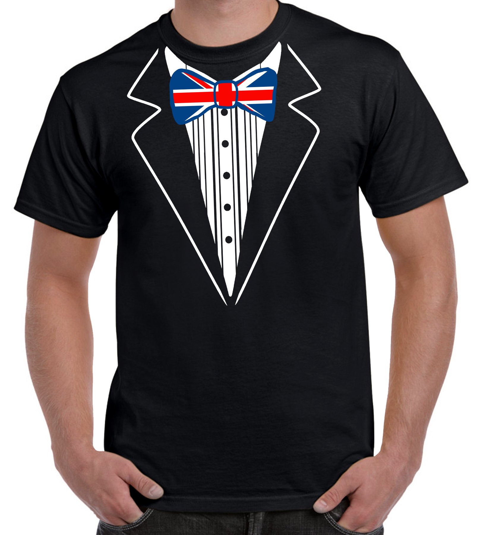 Tribal T-Shirts Men's Black Tuxedo Union Jack Bow T-Shirt (Large, )