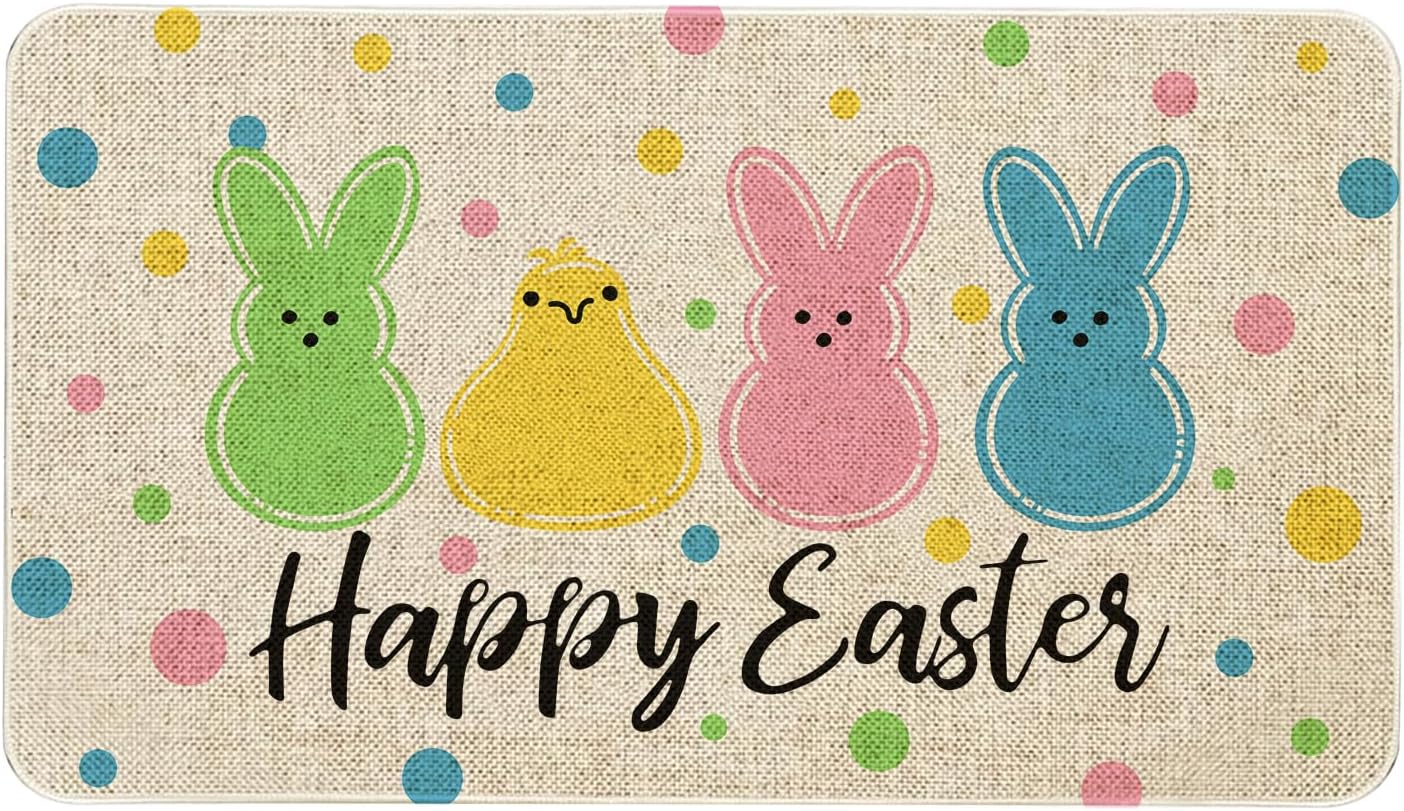 Easter Peeps Welcome Door Mat 30x17 Inch Happy Easter Bunny Doormat Indoor Outdoor Entrance Floor Mats Non-Slip Washable Easter Decor Rugs