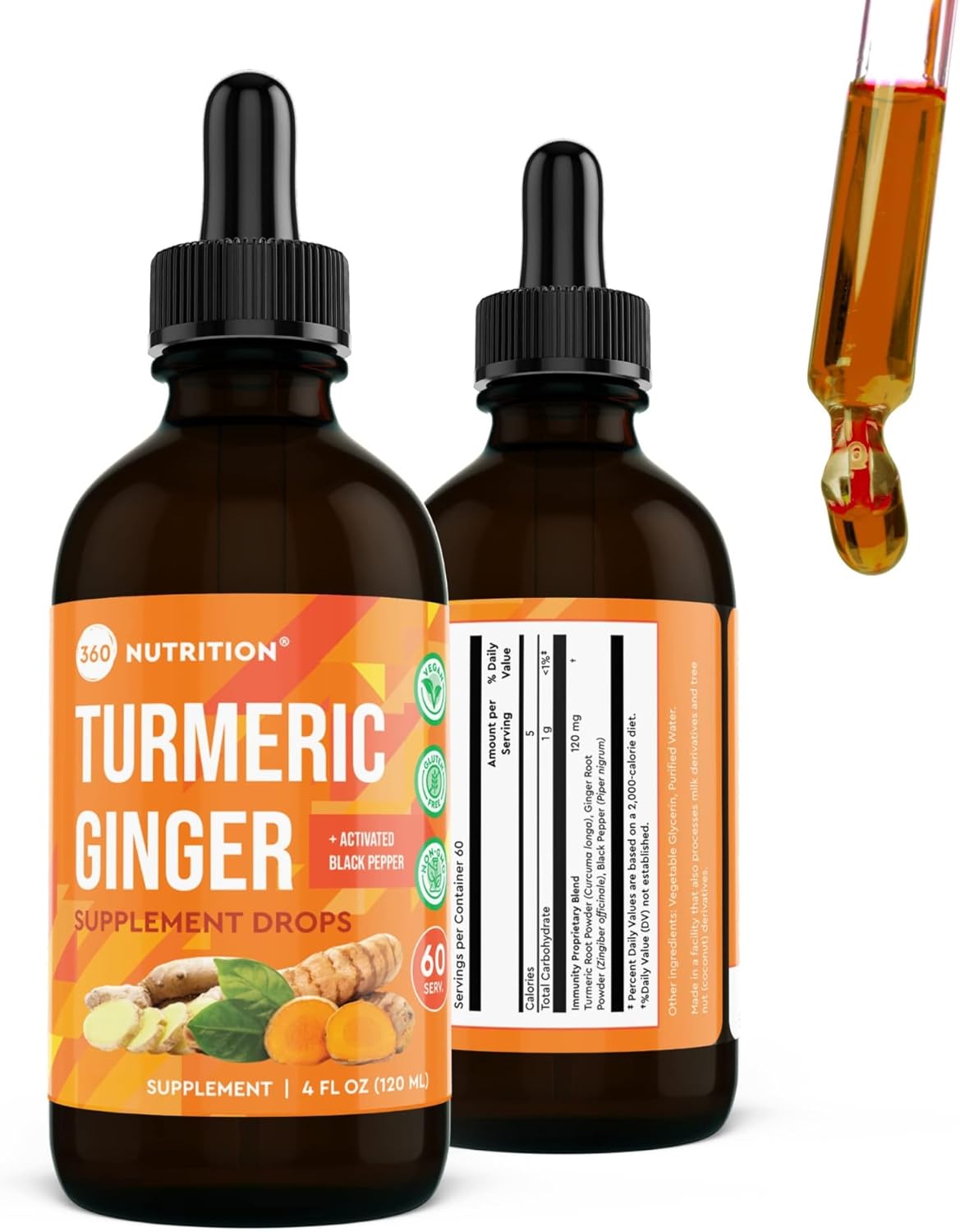 360 Nutrition Turmeric and Ginger Supplement Drops, Vegan Turmeric Curcumin with Black Pepper, Caffeine Free, 4 fl oz, 60 Servings