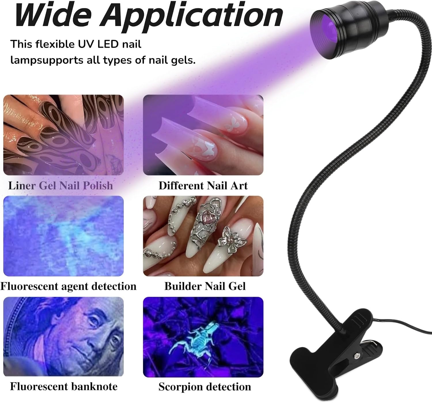 5W LED Nail Lamp, USB Desk Lamp for Gel Nails Portable Nail Dryer Resin Curing Light, Portable Gooseneck Lamp with Clip LED Black Light for Nails Eyelash Extension (US