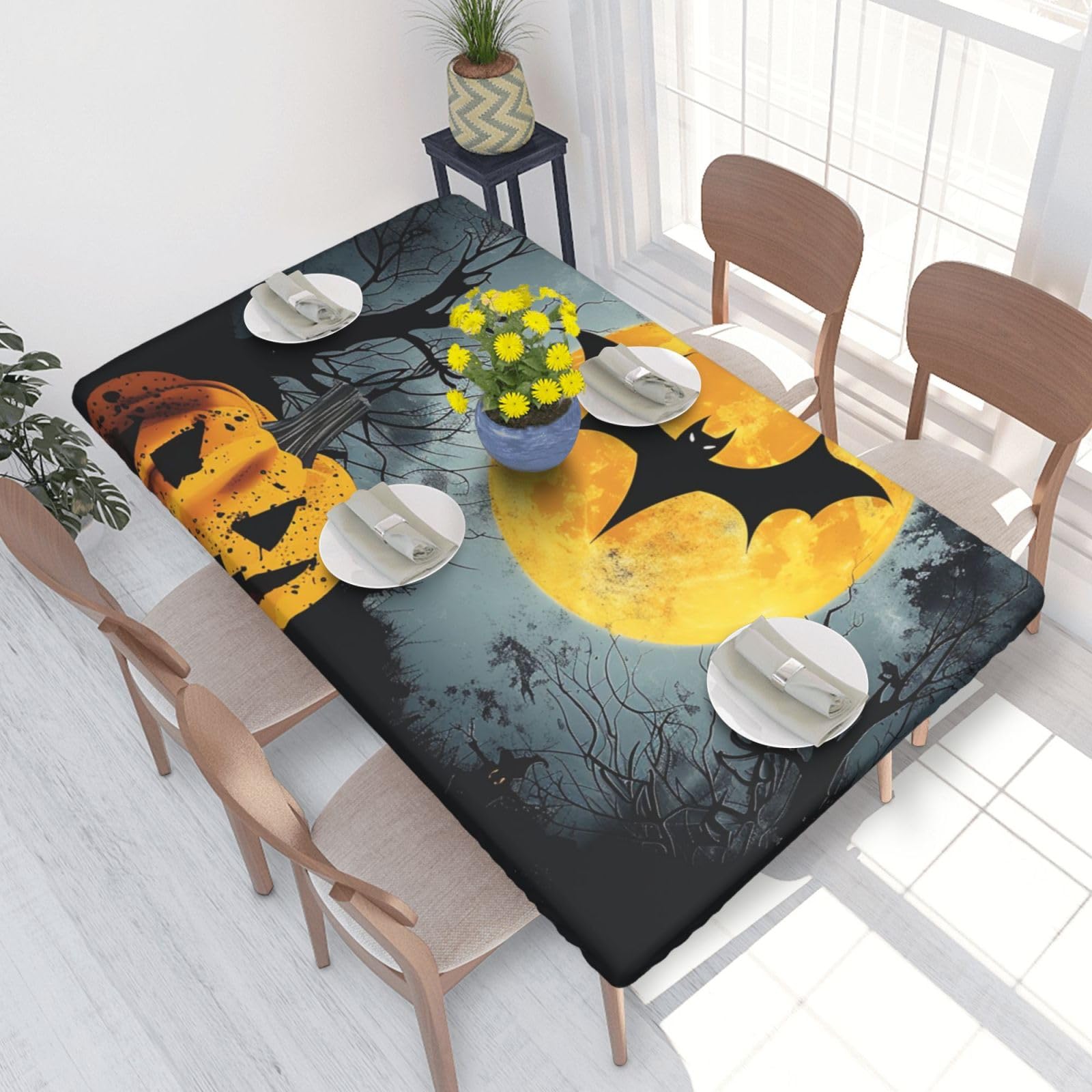 DCARSETCV halloween Moon Bat Pumpkin Printed 4FT Waterproof Tablecloth with Elastic Edged Protect & Decor Your Table, Oil-proof Washable Table Cloth Cover for Dinner Picnic Party