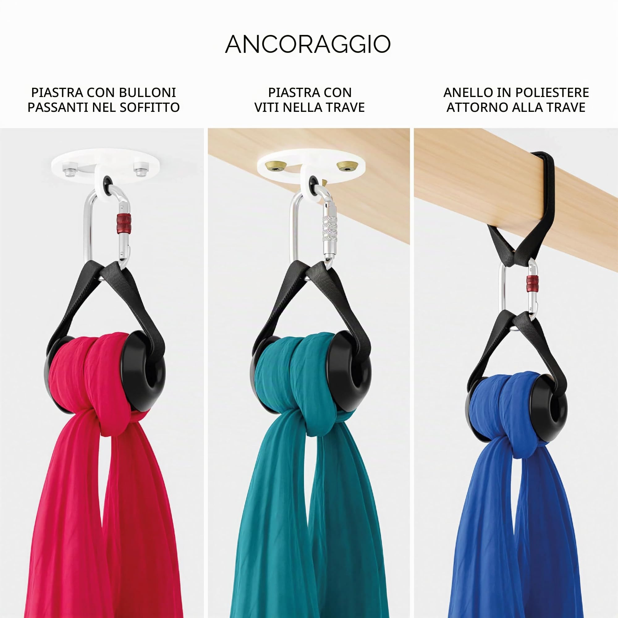 Play Juggling - Kit Piastra Soffitto + Tessuto Aereo con Gancio Certificato + Moschettone a Ghiera per acrobatica Aerea e Discipline aeree, 100% Poliestere - Certificato