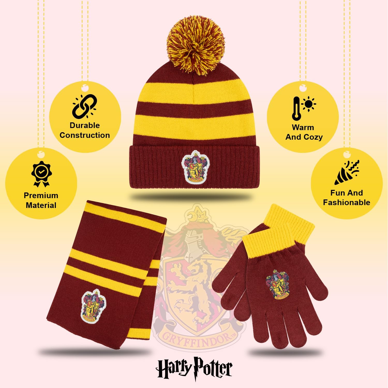 Harry Potter Winter Hat and Gloves with Set, Gryffindor, Slytherin, Hufflepuff, Ravenclaw, Winter Set 5-13 Year Olds - Image 3