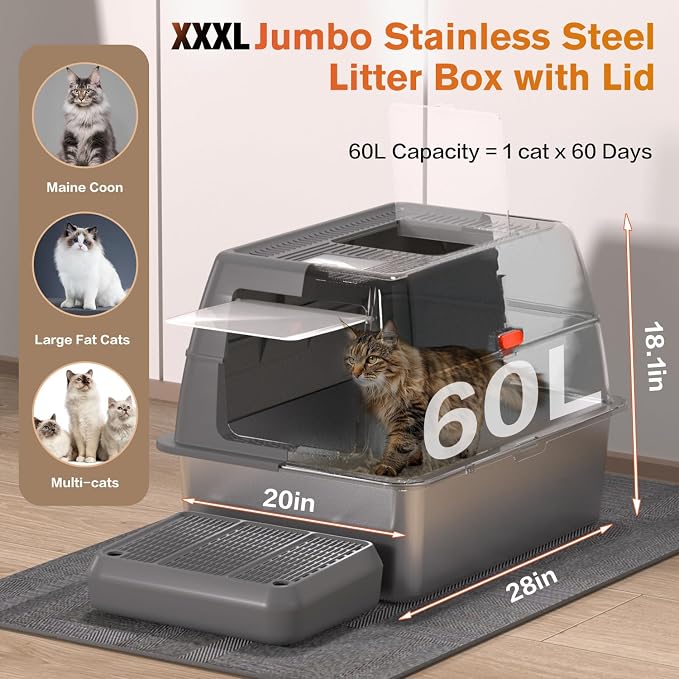 Arenero de acero inoxidable XXXL con tapa para gatos grandes miniatura 2